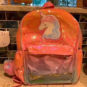 Unicorn Ombre Shaky Backpack Regular Size With Pompom Charm Peach New